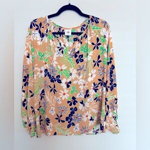 CAbi #6296 Island Tropical Floral Smocked Sleeve Split Neck Blouse Top Size M